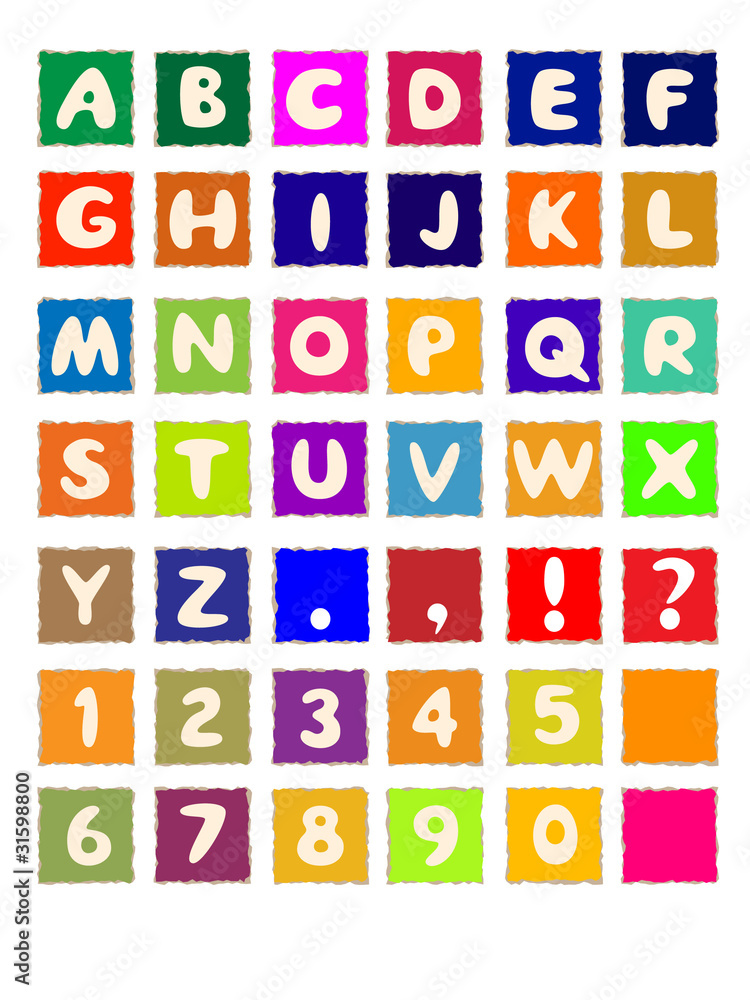cartoon alphabet on square colored paper ABC font cartoon alphabet on square colored paper ABC font