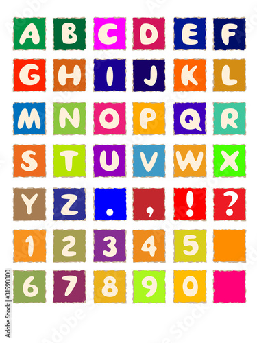 cartoon alphabet on square colored paper ABC font