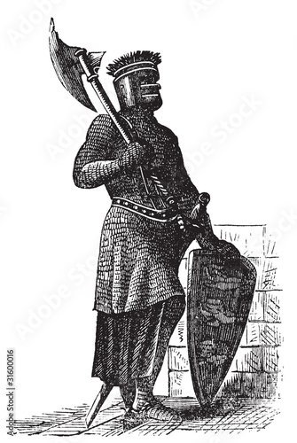 Armor and weapons during the first Crusades era, old engraving