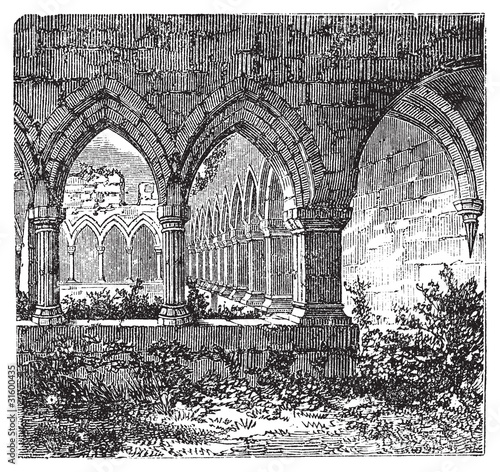 Gothic cloisters and arch at Kilconnel Abbey, in County Galway,