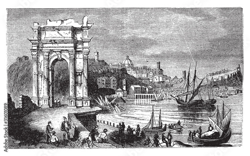 Ancona and the Arches of Trajan, Italy. Scene from 1890, old vin