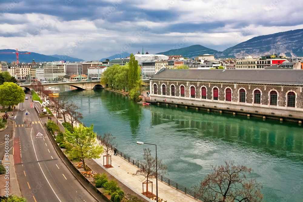 View on river in city of Geneva, Switzerland