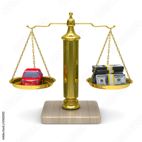 car and cashes on scales. Isolated 3D image