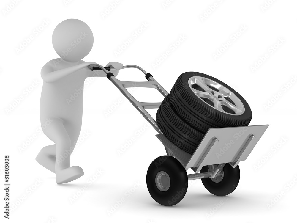 tyre on hand truck. Isolated 3D image tyre on hand truck. Isolated 3D image