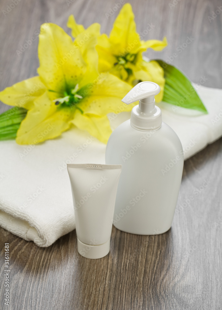 towel tube bottle and flower towel tube bottle and flower