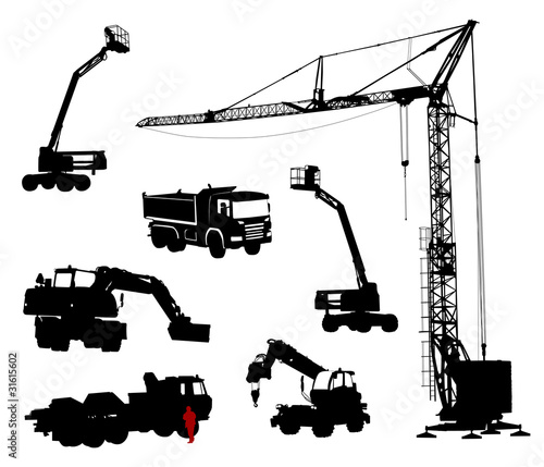 Detailed silhouettes of construction machinery.