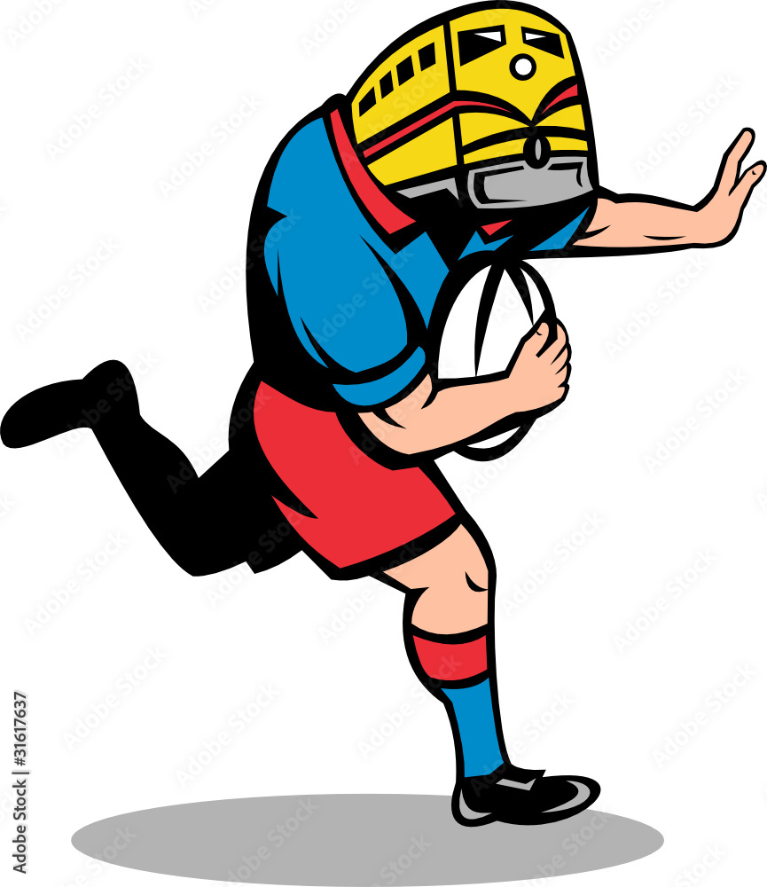 rugby train mascot running fending ball