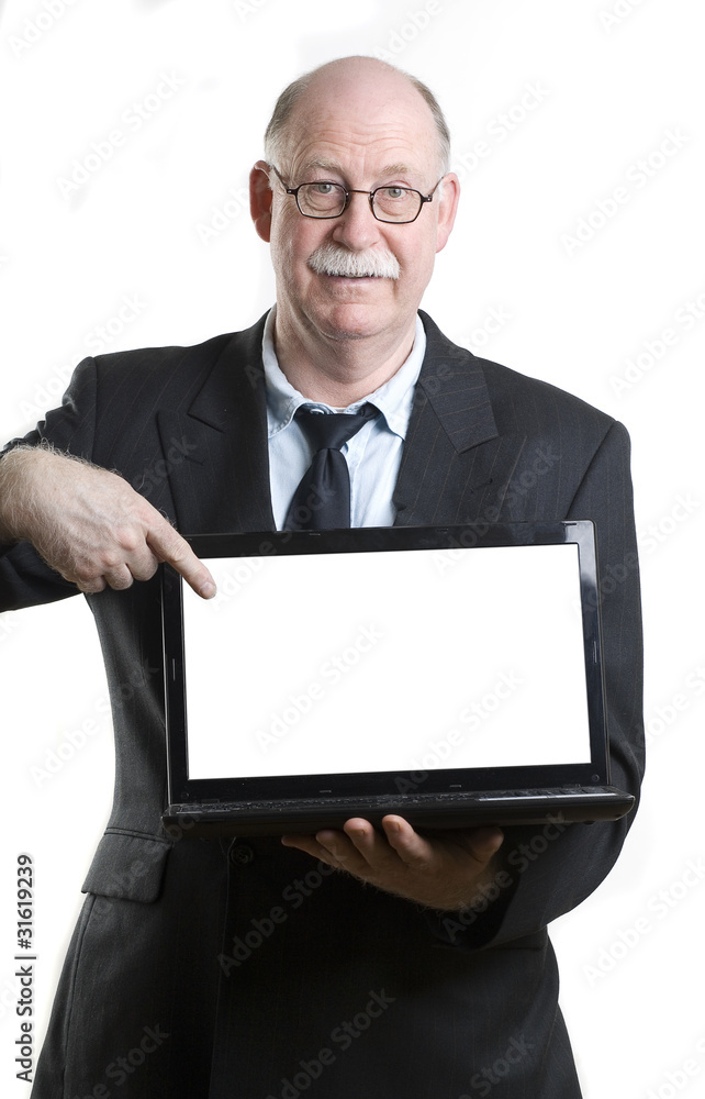 Mature businessman showing laptop Mature businessman showing laptop