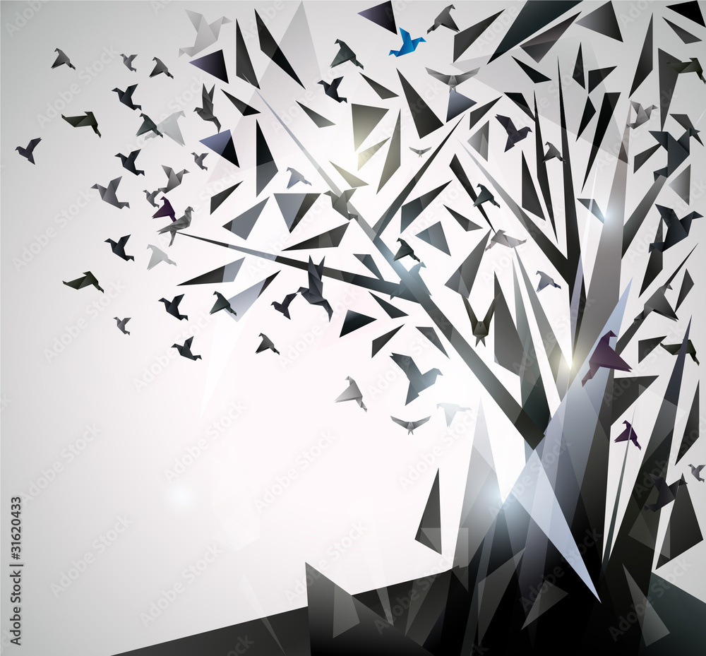 Obraz premium Abstrakcjonistyczny drzewo z origami ptakami.