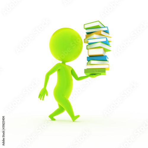 3d rendered illustration of a litte guy and a staple of books