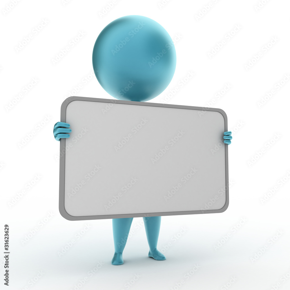 3d rendered illustration of a blue guy with a blank sign 3d rendered illustration of a blue guy with a blank sign