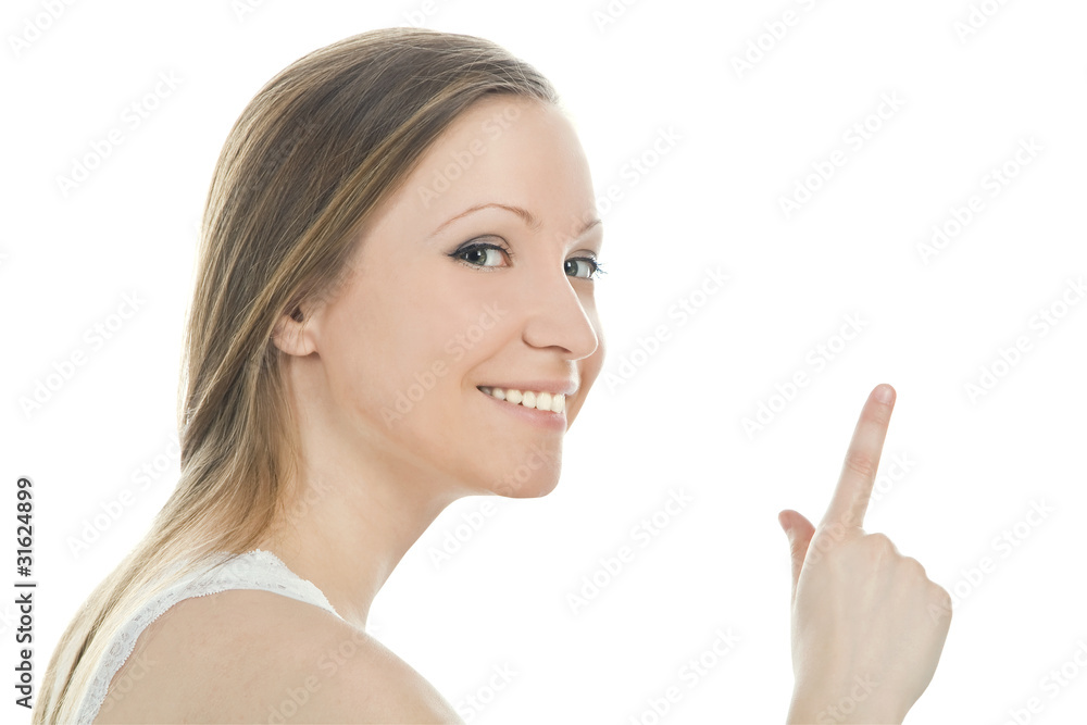 Bright picture of attractive woman pointing her finger Bright picture of attractive woman pointing her finger