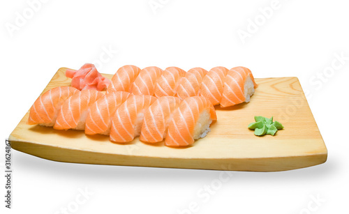 set of Japanese sushi on a wooden plate