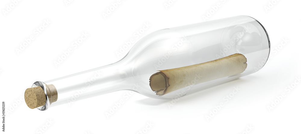 Naklejka premium Bouteille en verre et message sur fond blanc 1