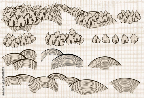 Set of nature elements: hills and trees