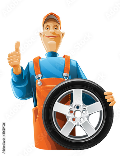auto mechanic with wheel