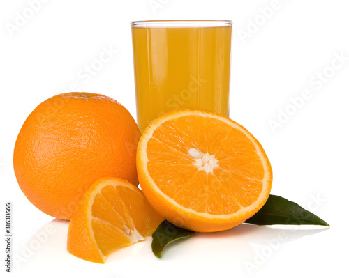 juice and oranges isolated on white