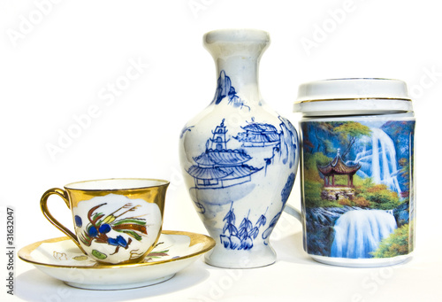 Eastern style tableware - two cups and vase
