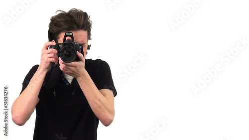 Photographer with camera, isolated on white background