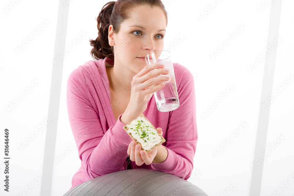 Fitness woman relax glass water snack sportive Fitness woman relax glass water snack sportive