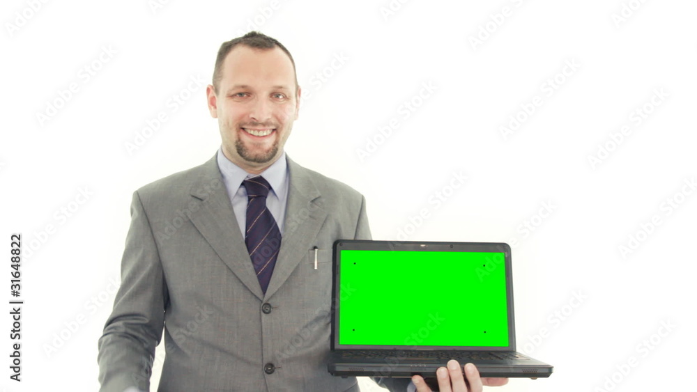 Businessman show laptop with green screen and tracking points Businessman show laptop with green screen and tracking points