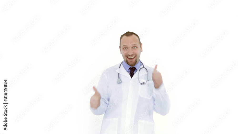 Enthusiastic male doctor showing ok sign, isolated on white Enthusiastic male doctor showing ok sign, isolated on white