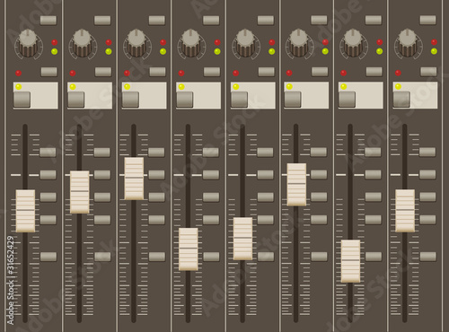 Fotografija sound mixer pult. faders and regulators. eight channels.