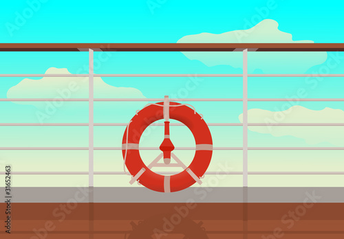 saving buoy in deck of cruise ship. reflection on deck.