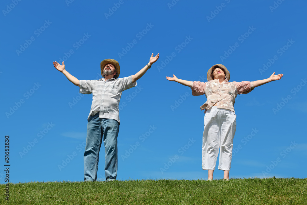 man and woman in straw hats standing on summer lawn man and woman in straw hats standing on summer lawn