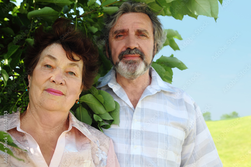 Fototapeta premium portrait of old man and woman standing near summer tree