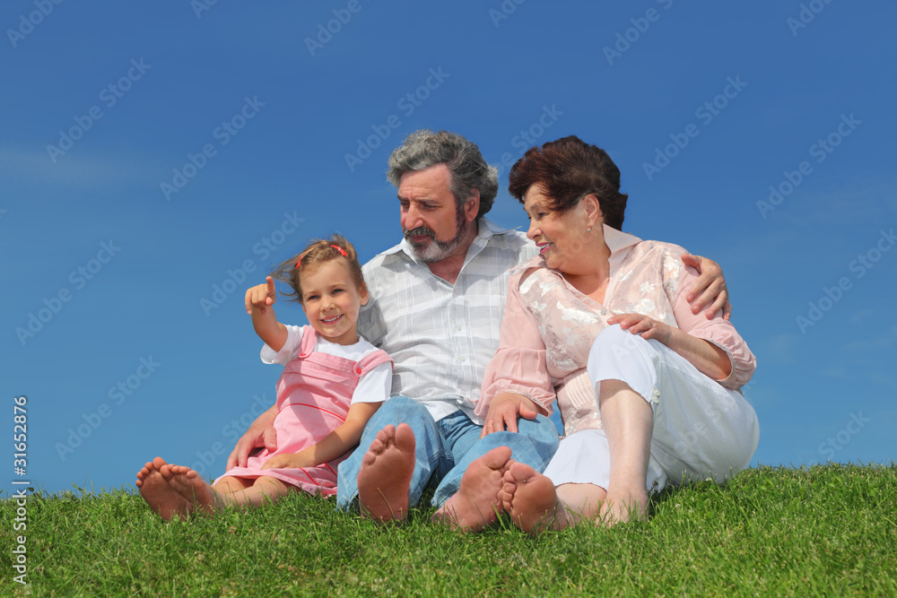 old man and woman sitting on lawn with their granddaughter old man and woman sitting on lawn with their granddaughter