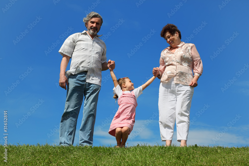 little girl and her grandparents standing on lawn little girl and her grandparents standing on lawn