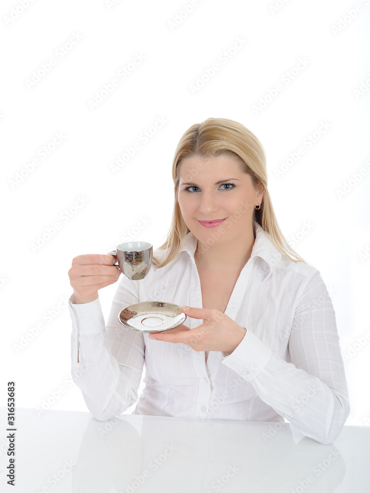 Pretty business woman drinking cup of espresso coffee. isolated Pretty business woman drinking cup of espresso coffee. isolated