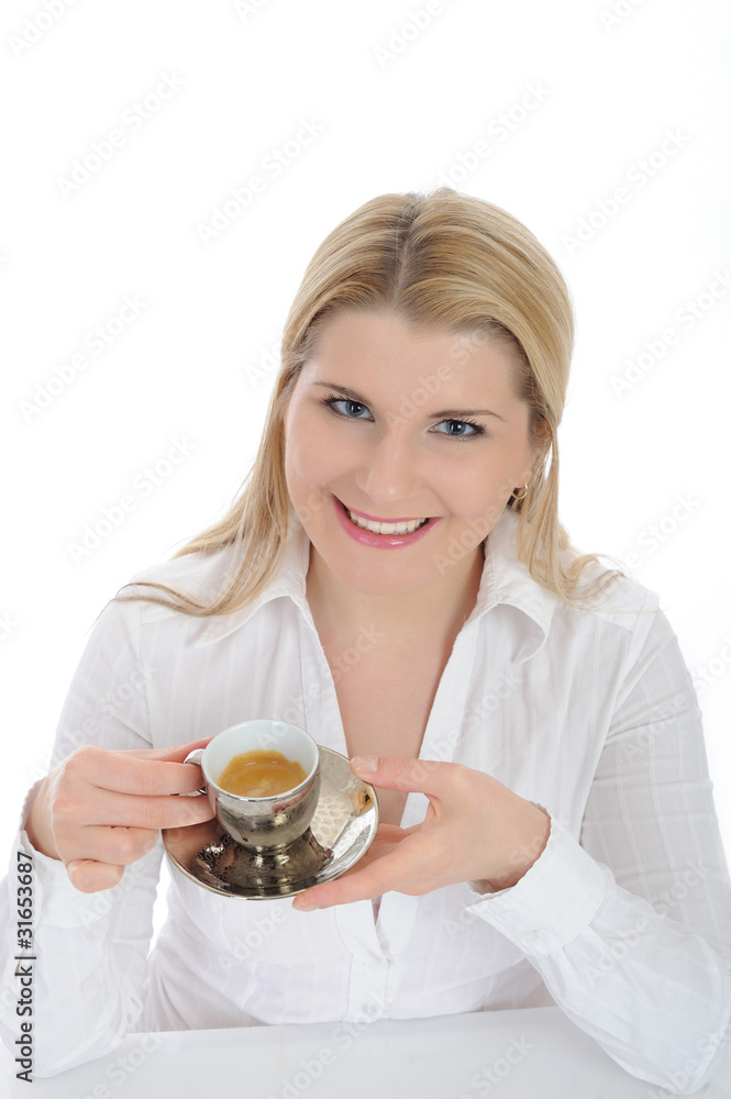 Pretty business woman drinking cup of espresso coffee. isolated Pretty business woman drinking cup of espresso coffee. isolated