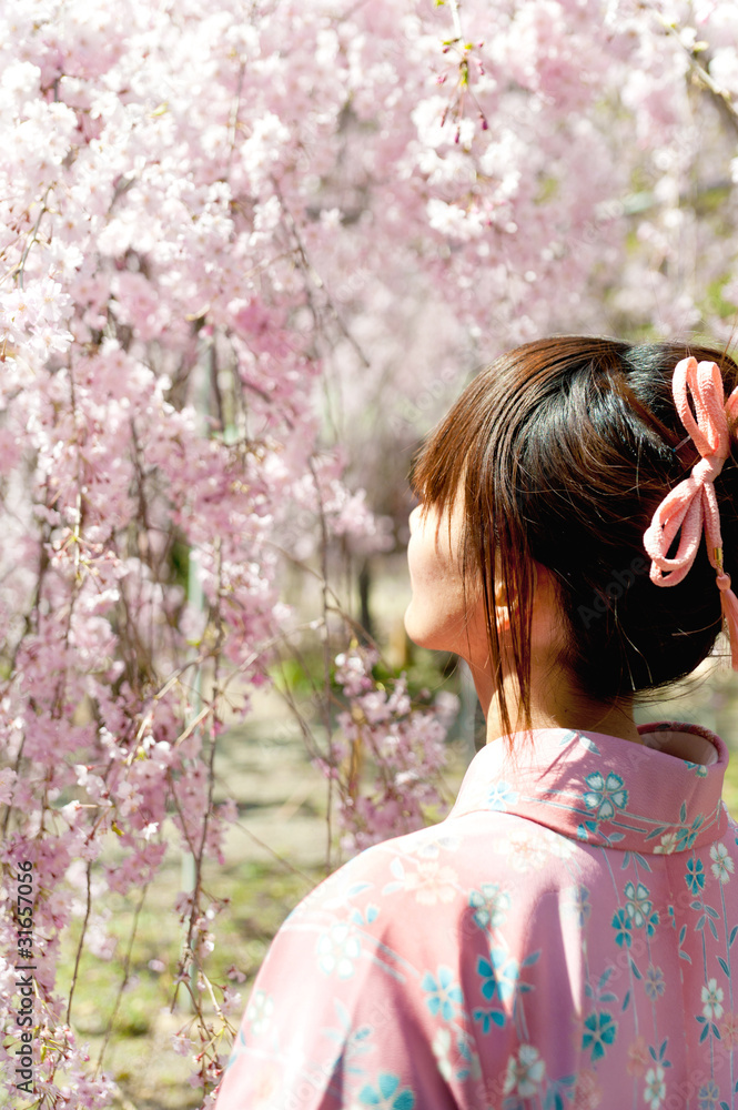 Naklejka premium japanese kimono woman and cherry blossom