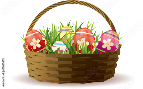 Easter basket with painted eggs in fresh grass