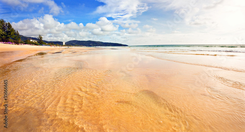 Stitched Panorama of tropical beach before sunset. Thailand