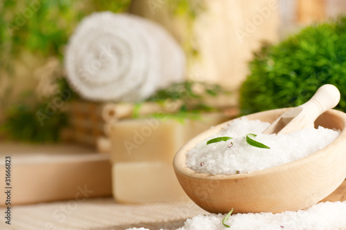 Spa setting with bath salt