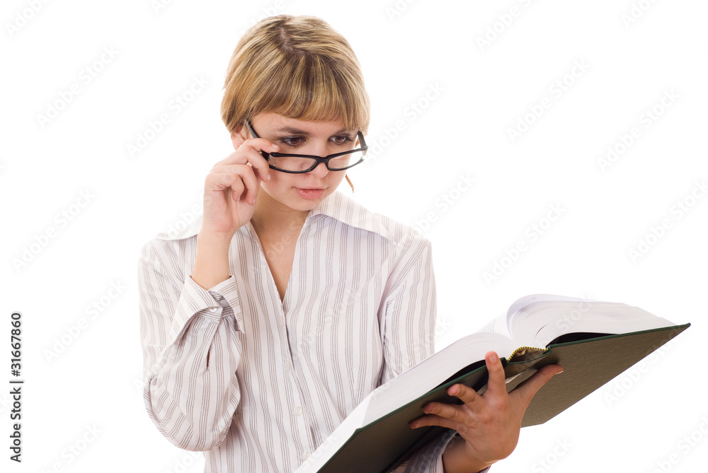 beautiful young student with a book on white