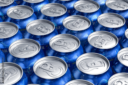 Macro of metal cans with refreshing drinks or beer