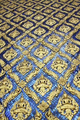 Thai craft pattern, Gold and blue Thai craft pattern in temple.