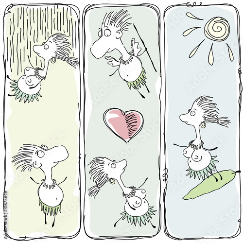 Sketch banners. Neanderthal couple. Neanderthal love.