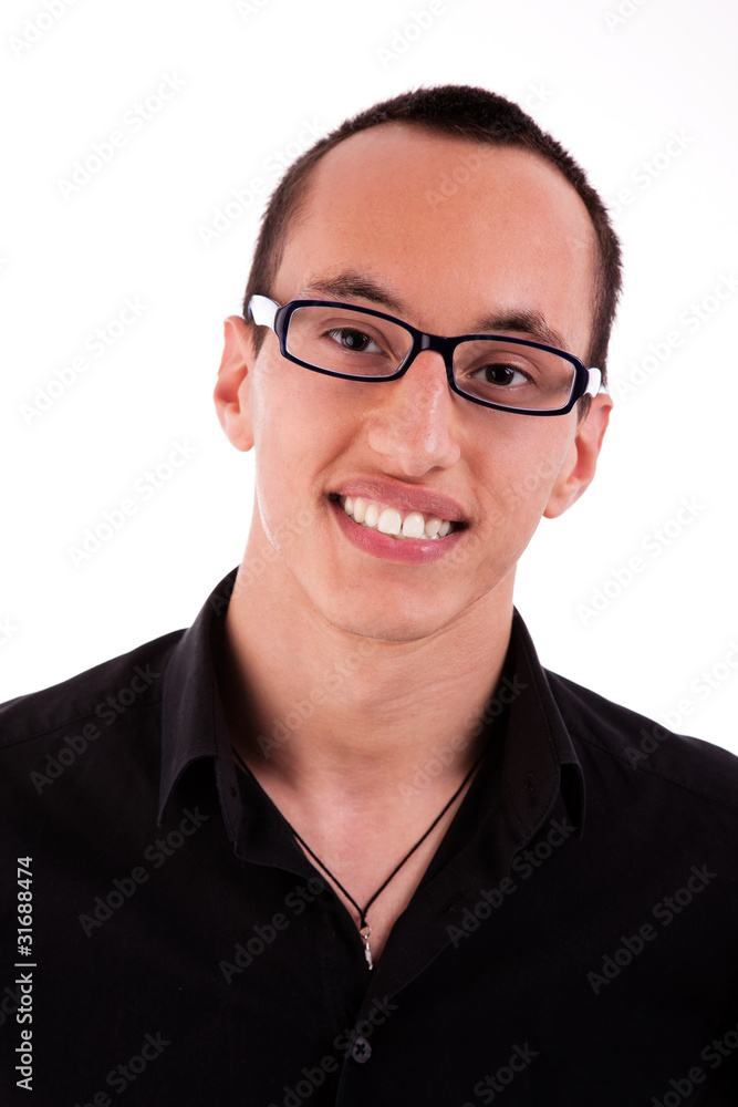 portrait of a young man smiling with glasses portrait of a young man smiling with glasses