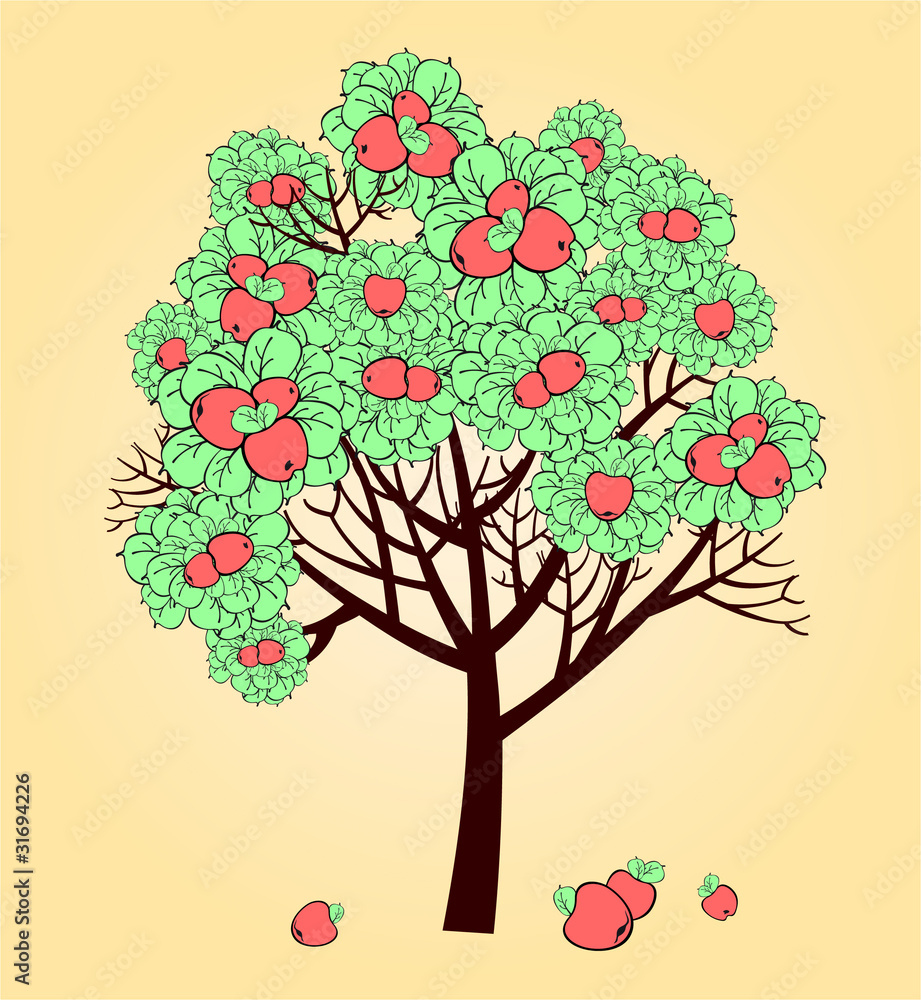 Vector stylized drawing of apple tree with ripe fruits