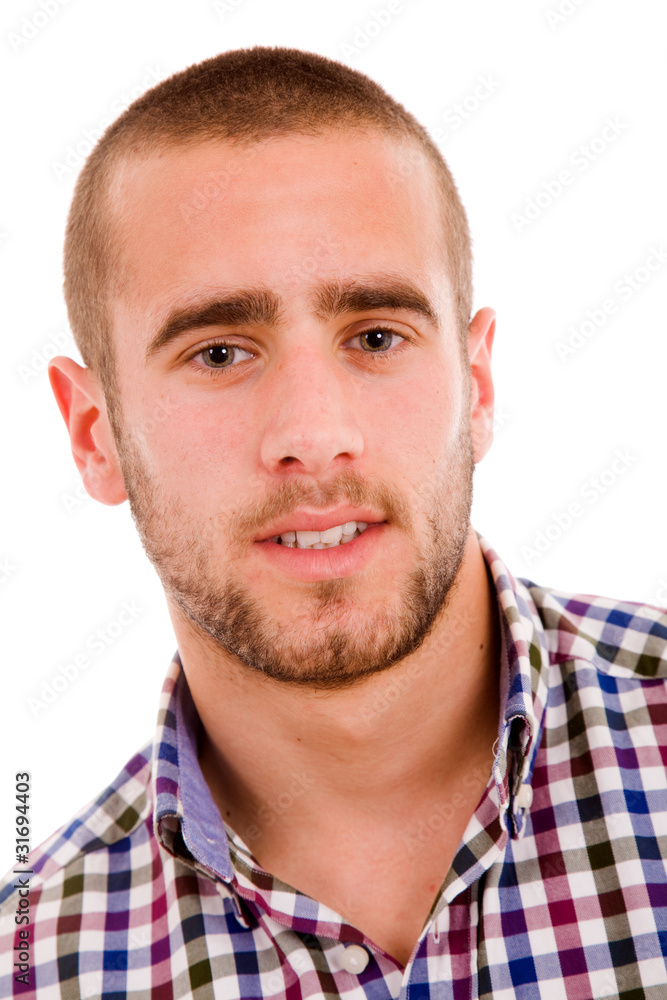 Close-up Portrait of a happy young man, isolated on white backgr Close-up Portrait of a happy young man, isolated on white backgr