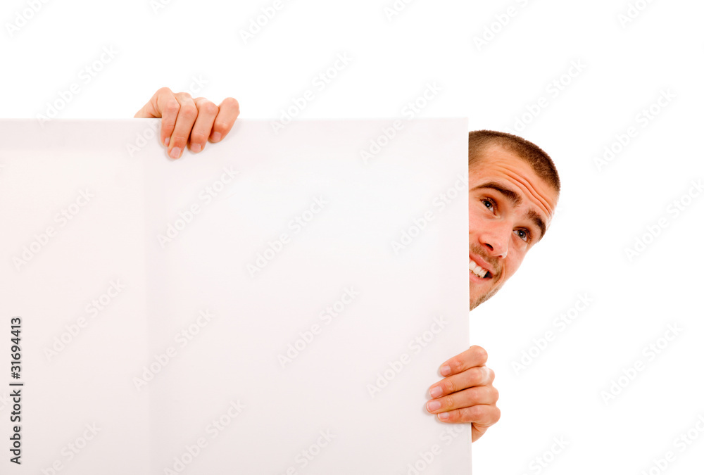 Portrait of a happy male holding blank white card Portrait of a happy male holding blank white card