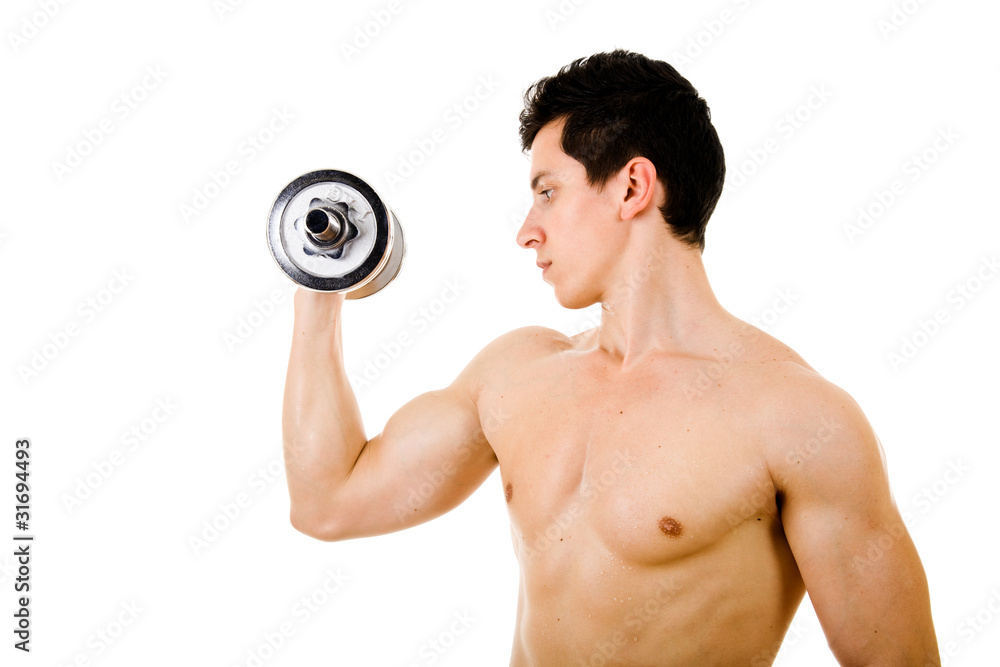 Powerful muscular young man lifting weights Powerful muscular young man lifting weights