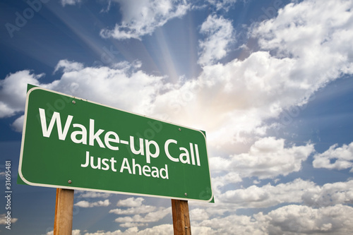 Tablou pe pânză Wake-up Call Green Road Sign and Clouds