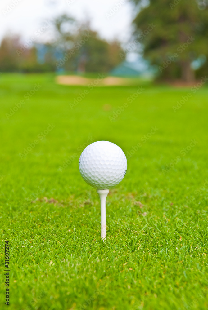 Golf ball on tee over a blurred green. Golf ball on tee over a blurred green.