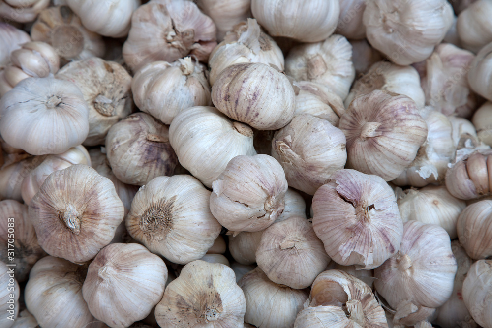 Close up on raw garlic on market stand Close up on raw garlic on market stand